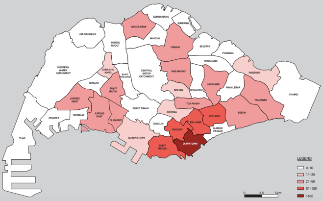Map illustrating the distribution of street homeless people in Singapore