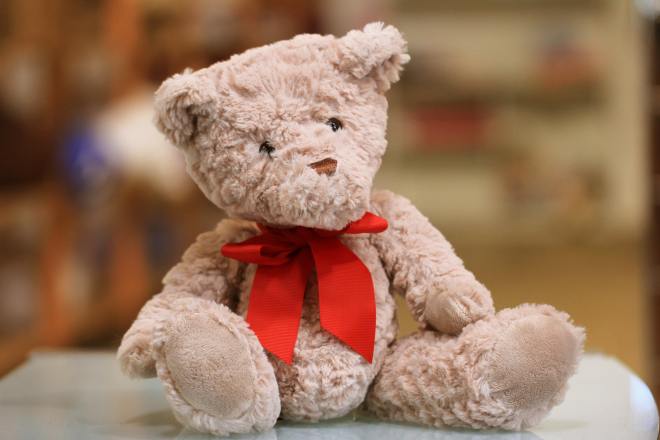A pre-loved teddy bear in a second hand store